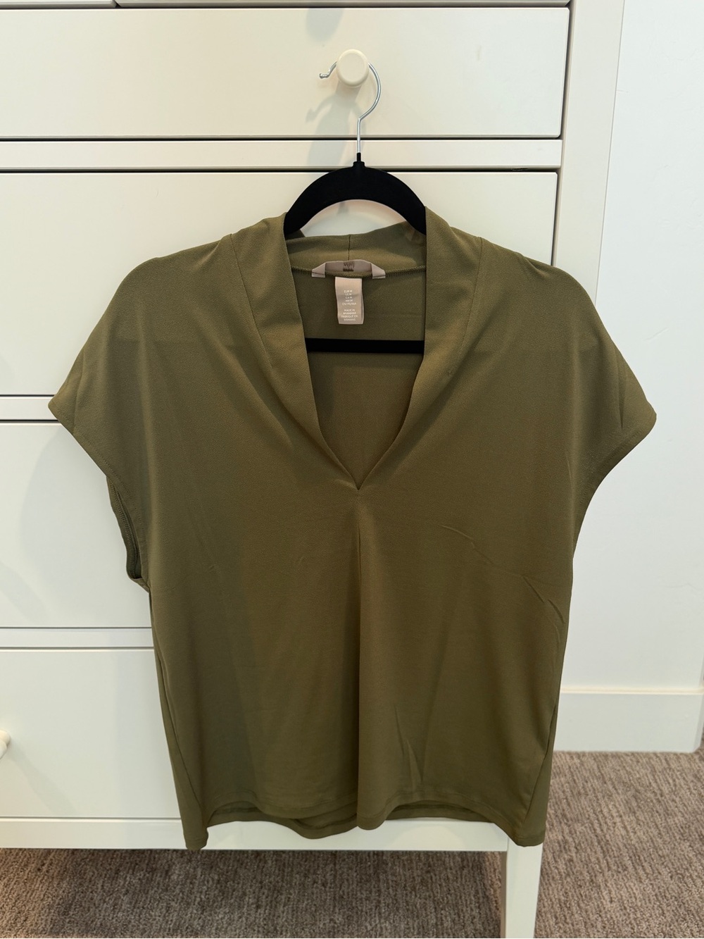 H&M workwear Olive Green V-Neck Short Sleeve Women's Top